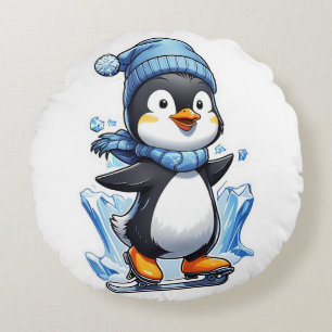 Winter Penguin Ice Staking Round Cushion