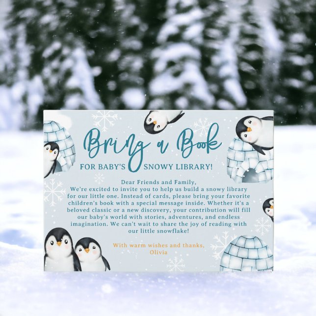 Winter penguin igloos bring a book baby shower enclosure card (Winter penguin igloos bring a book baby shower enclosure card)