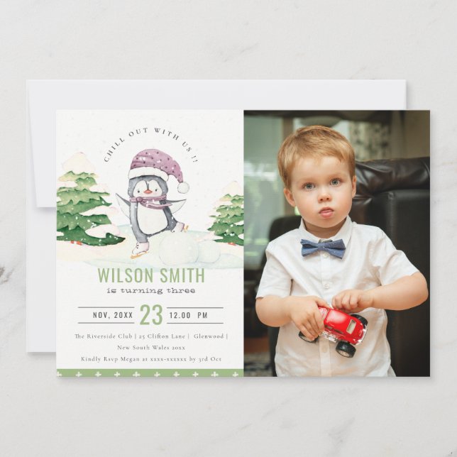Winter Penguin Kids Photo Any Age Birthday Invite (Front)