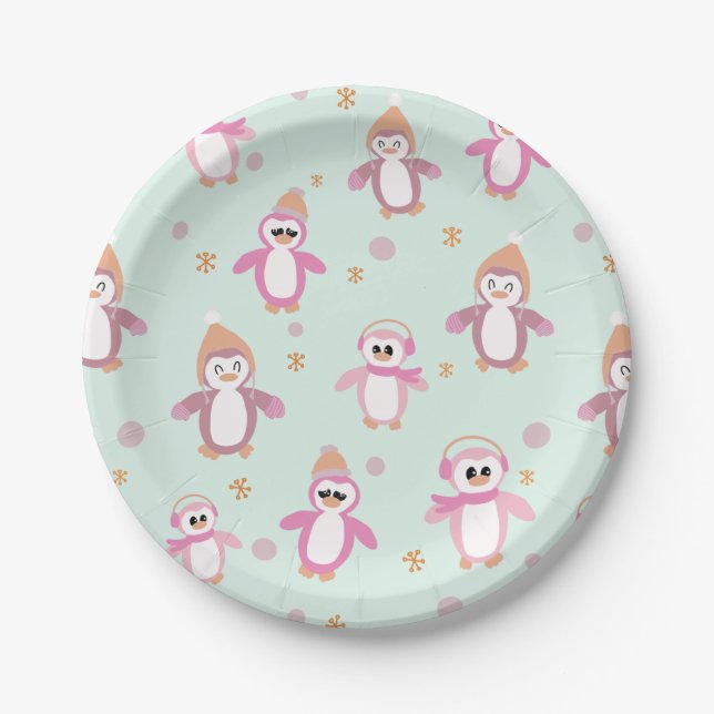 Winter penguin mint and pink holiday paper plate (Front)