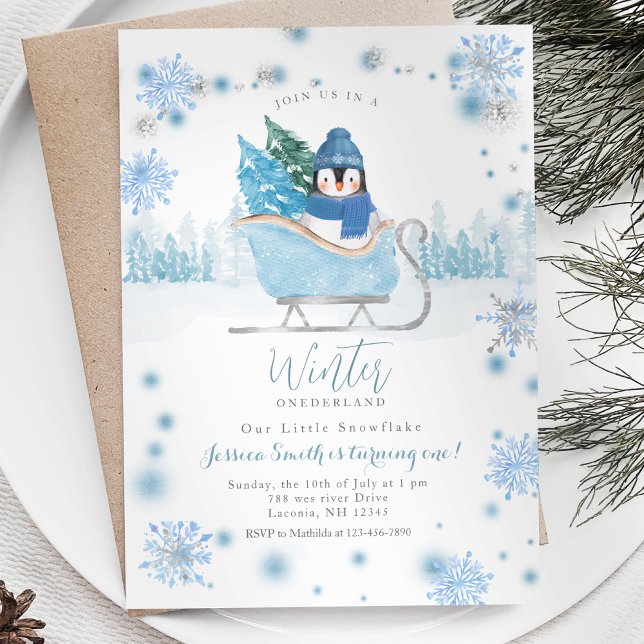 Winter Penguin Onederland 1st birthday snowflakes Invitation (Creator Uploaded)