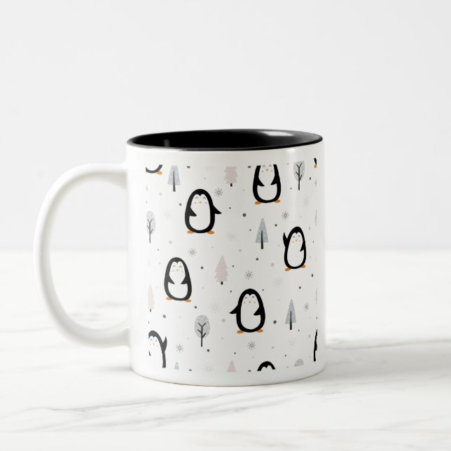 Winter Penguin Pattern Design Two-Tone Coffee Mug (Left)