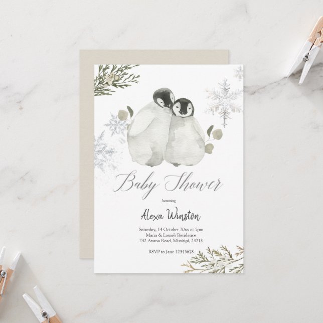 Winter Penguin Snowflake Baby Shower invitation (Front/Back In Situ)