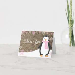 Winter Penguin Snowflake Pink Burlap Thank You Card