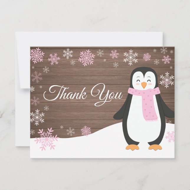 Winter Penguin Snowflake Pink Thank You Card (Front)