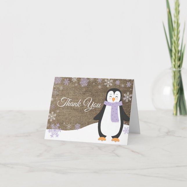 Winter Penguin Snowflake Purple Burlap Thank You Card (Front)