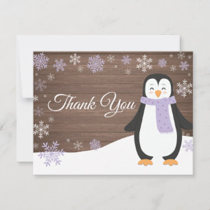 Winter Penguin Snowflake Purple Thank You Card