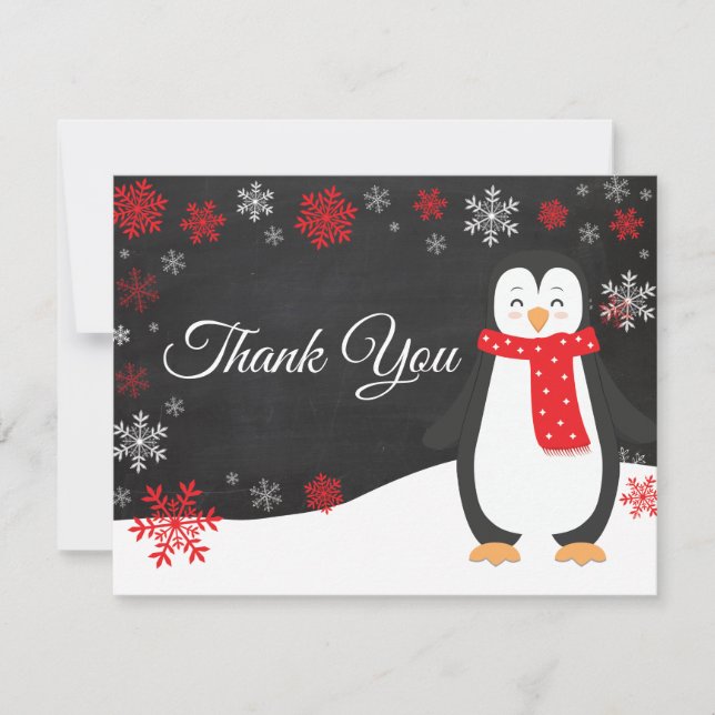 Winter Penguin Snowflake Red Thank You Card (Front)