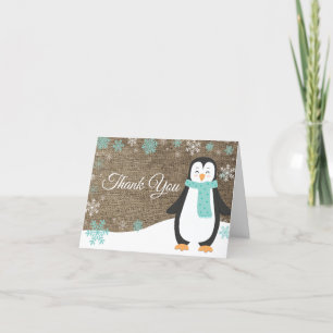 Winter Penguin Snowflake Teal Burlap Thank You Card