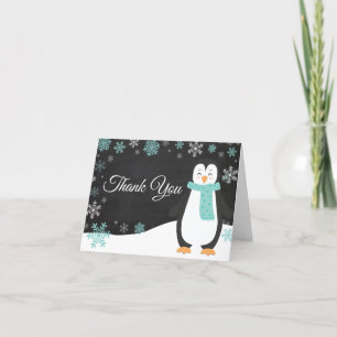 Winter Penguin Snowflake Teal Thank You Card