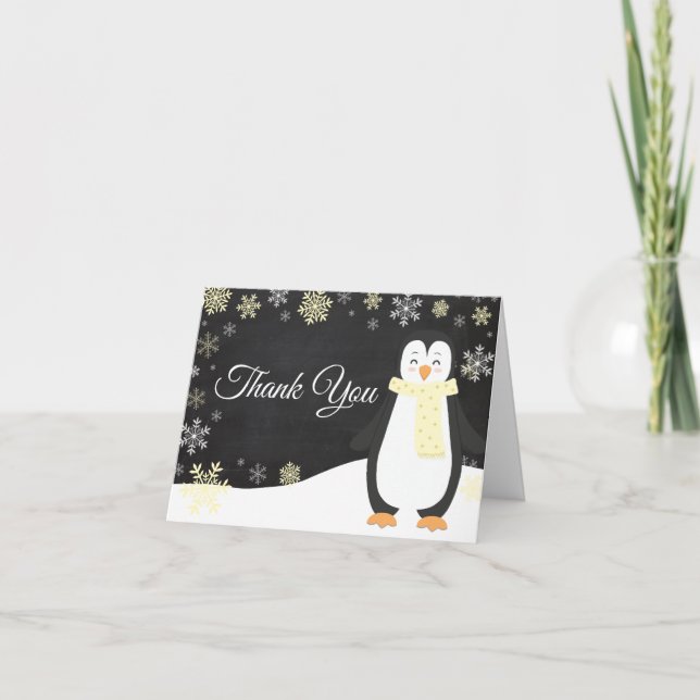 Winter Penguin Snowflake Yellow Thank You Card (Front)
