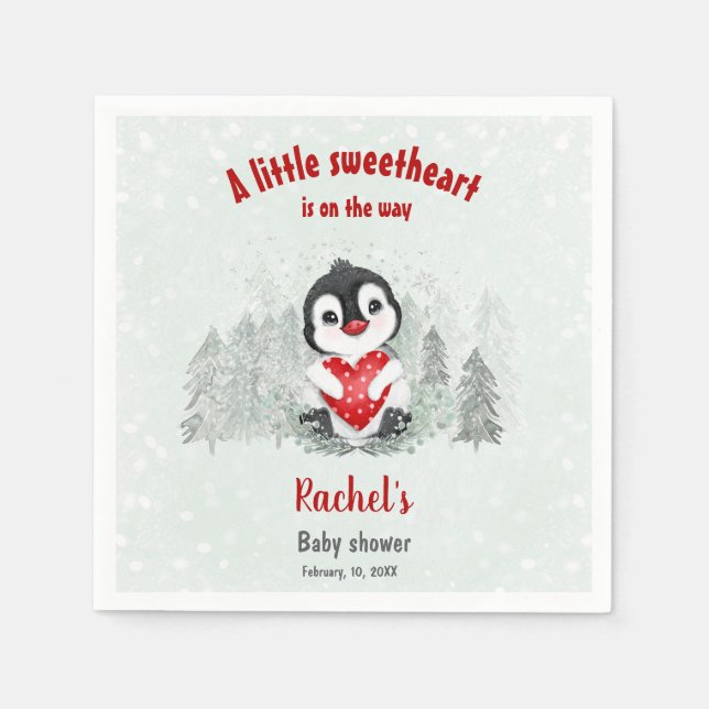 Winter Penguin Valentines Boy Baby Shower Napkin (Front)