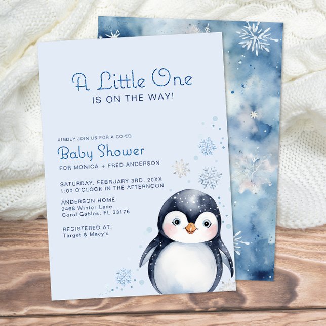 Winter Penguin Watercolor Baby Shower Invite (Adorable Penguin Baby Shower Invite)