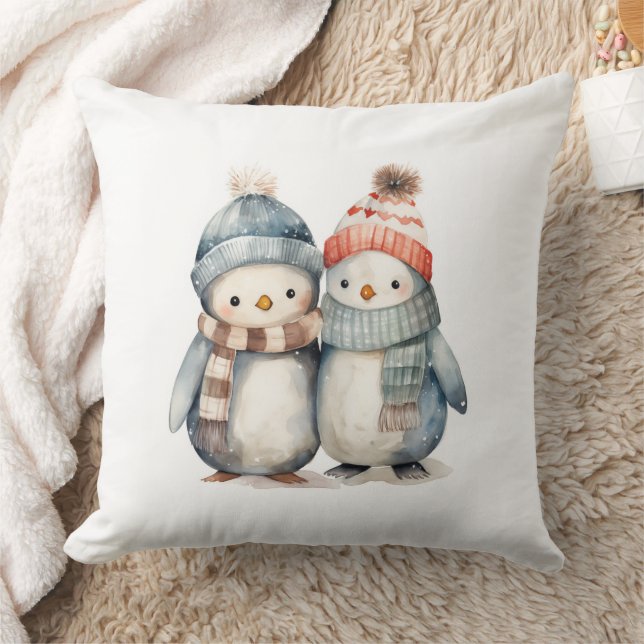 Winter Penguin Watercolor Throw Pillow (Blanket)