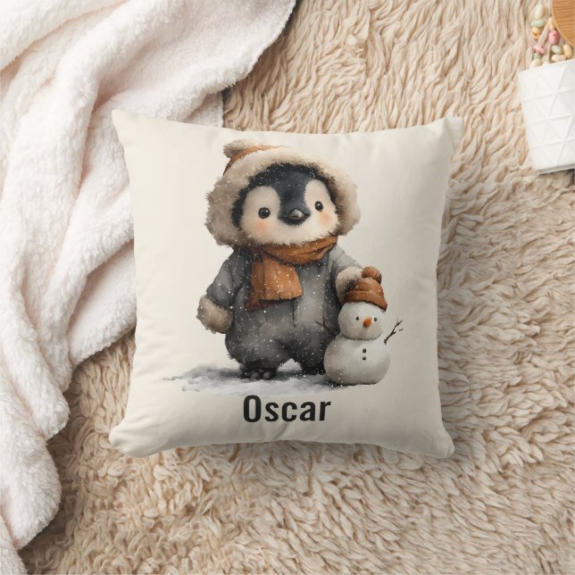 Winter Penguin with Snowman Design Cushion (Blanket)