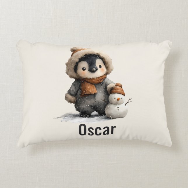 Winter Penguin with Snowman Design Decorative Cushion (Front)