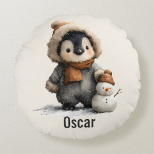 Winter Penguin with Snowman Design Round Cushion