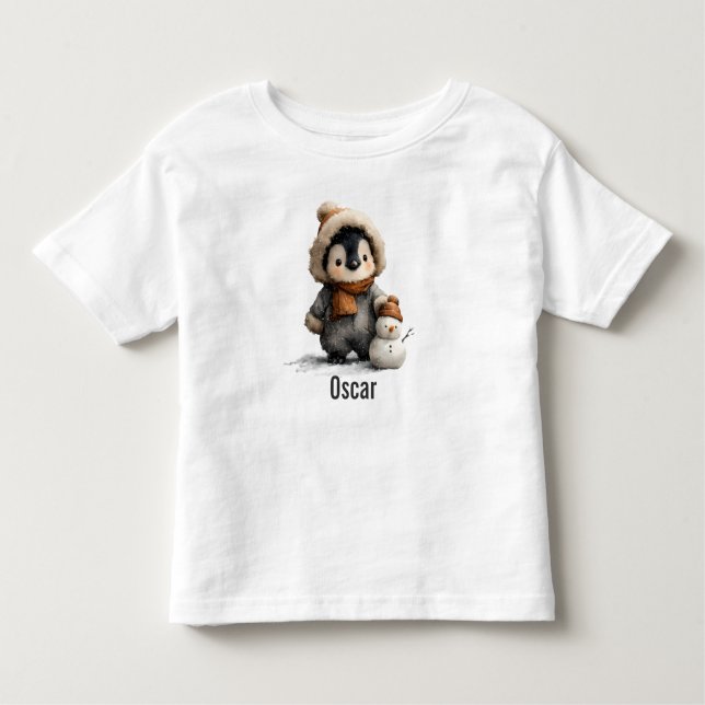 Winter Penguin with Snowman Design Toddler T-Shirt (Front)
