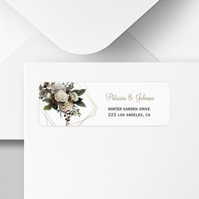 Winter peonies gold modern wedding return address label (Creator Uploaded)