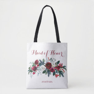 Winter peonies watercolor bouquet maid of honour tote bag