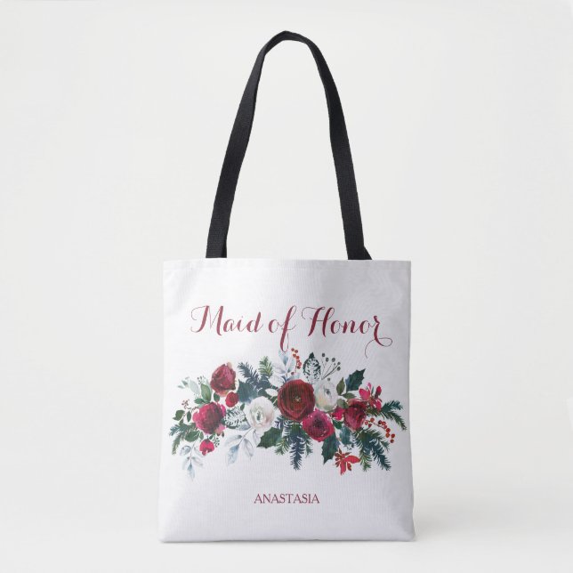 Winter peonies watercolor bouquet maid of honour tote bag (Front)