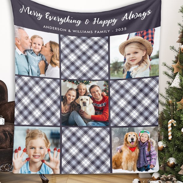 Winter Personalised Blue Grey Plaid Photo Collage Fleece Blanket (Creator Uploaded)