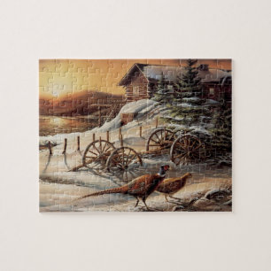 Winter Pheasant Sunset Lake Cottage Wild Game Bird Jigsaw Puzzle