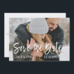Winter Photo Save the Date Card<br><div class="desc">Winter Charcoal Grey Hand Lettered Script Save the Date Photo Card. The photo and text of this hand lettered brush script can be updated and customised with your photo and name. This card also displays your name on the back of the Save the Date Card.</div>