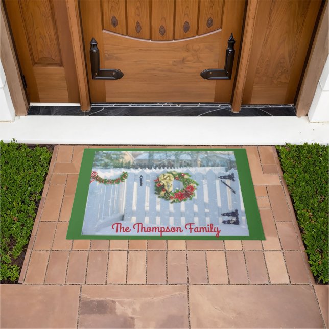 Winter Picket Fence and Holiday Wreath Doormat (Outdoor)