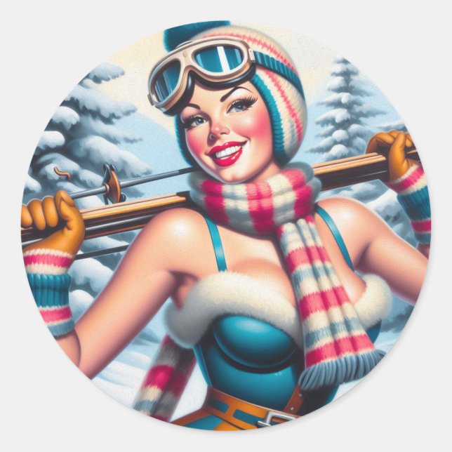 Winter Pin-up Girl Classic Round Sticker (Front)