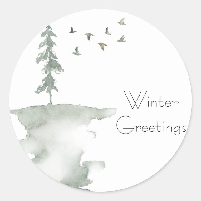 Winter Pine and Birds Holiday Sticker (Front)