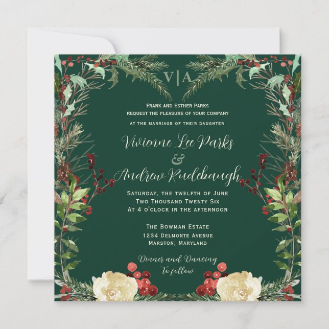 Winter Pine and Roses Wedding Invitation (Front)