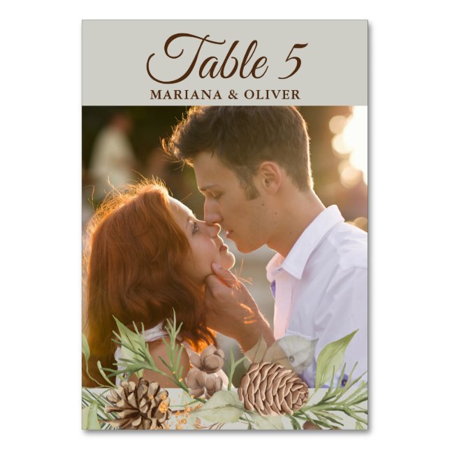 Winter Pine Beige Wedding Table Number (Front)