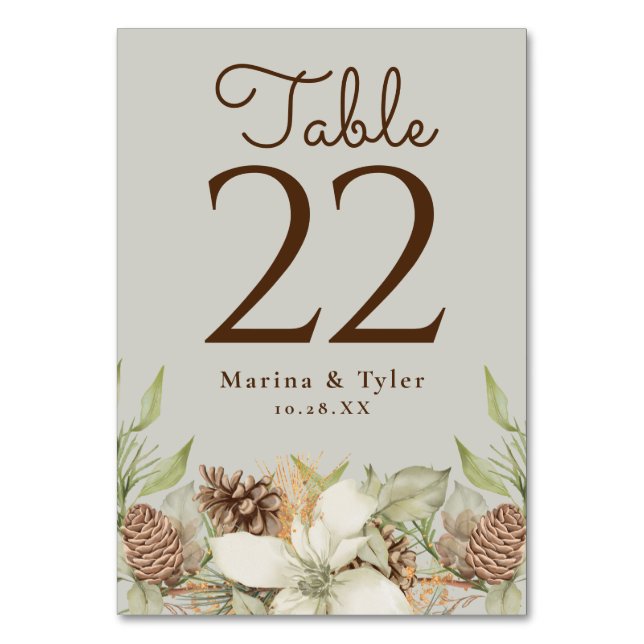 Winter Pine Beige Wedding Table Number Cards (Back)