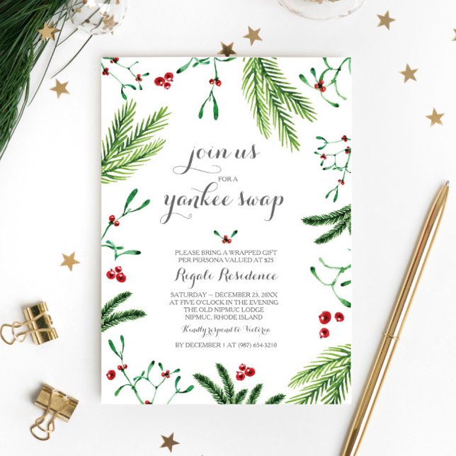 Winter Pine & Berries Christmas Party Invitation (Yankee swap invitations )
