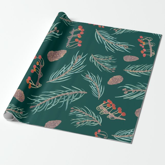 Winter Pine & Berries Watercolor Botanical Pattern Wrapping Paper (Unrolled)