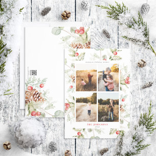 Winter Pine Berry Greenery 4 Photo Holiday Card