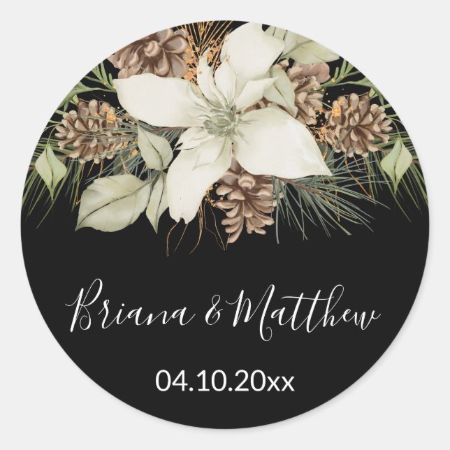 Winter Pine Black and White Wedding Envelope Seals (Front)