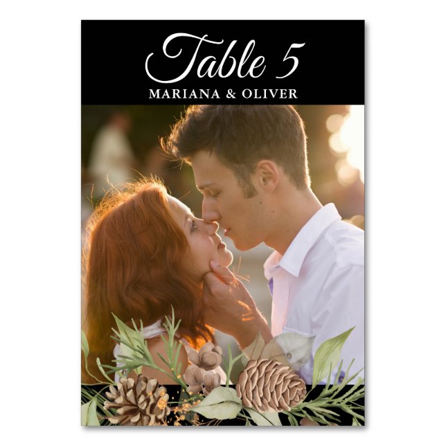 Winter Pine Black and White Wedding Table Number (Back)