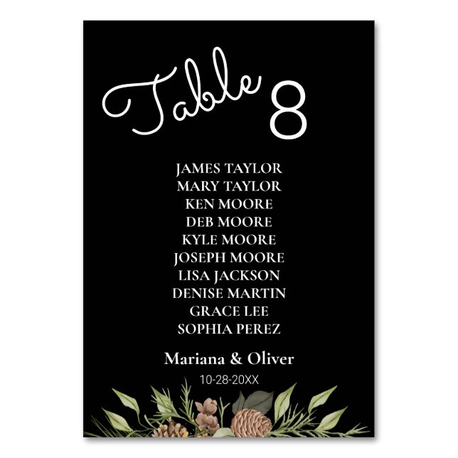 Winter Pine Black Table Number Card with Names (Front)