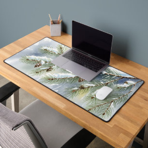 Winter Pine Branch Watercolor Snow Scene Desk Mat