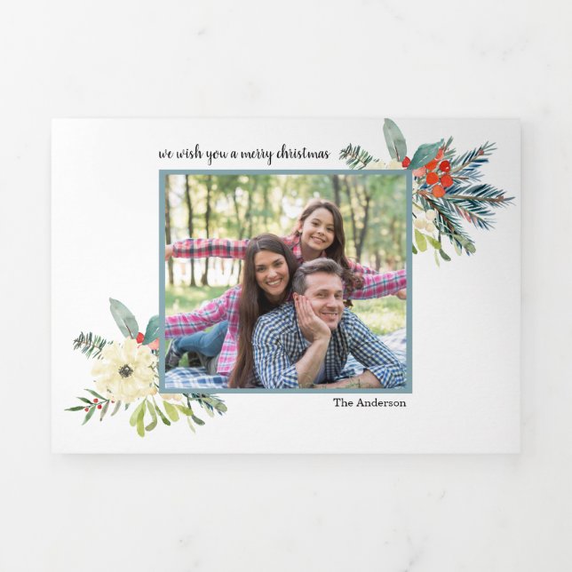 Winter Pine branches elegant 3 photos Christmas Tri-Fold Holiday Card (Cover)