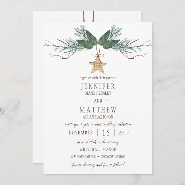 Winter Pine Branches Pine Cones Star Wedding Invitation (Front/Back)