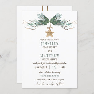 Winter Pine Branches Pine Cones Star Wedding Invitation