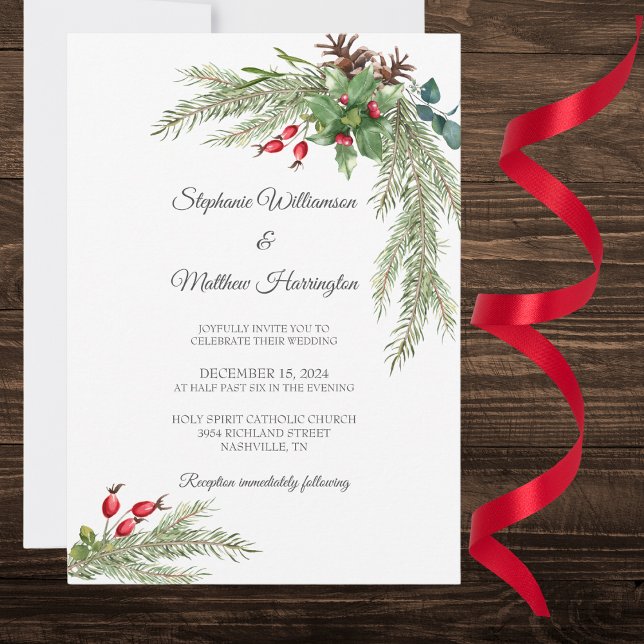 Winter Pine Branches with Berries Wedding  Invitation (Also available with QR code. )