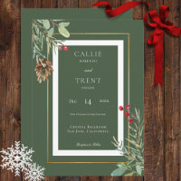 Winter Pine Cone Berries Green Wedding Invitation