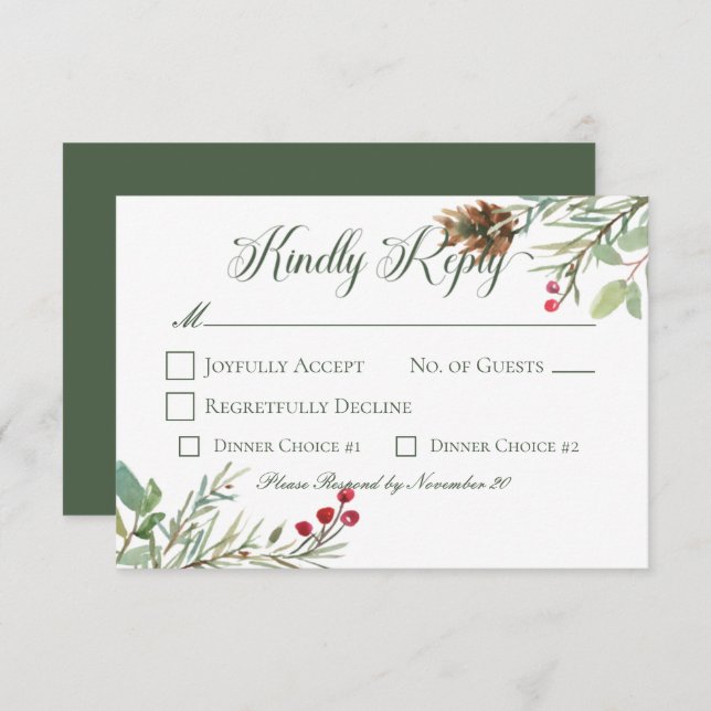 Winter Pine Cone Berries Modern Wedding RSVP Card (Front/Back)