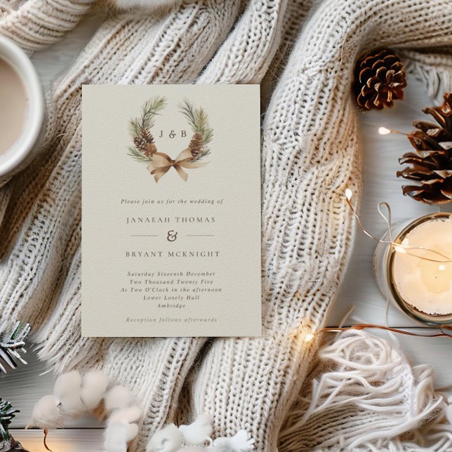 Winter Pine Cone & Leaves Wreath Monogram Wedding Invitation (Creator Uploaded)