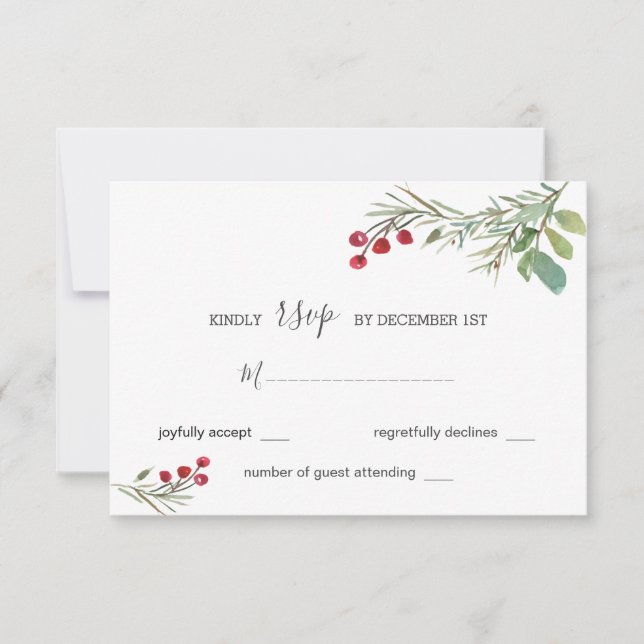 Winter Pine Cones Berry Wedding RSVP Card (Front)