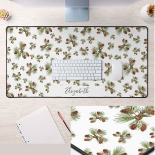 Winter Pine Cones Custom Name Greenery Desk Mat